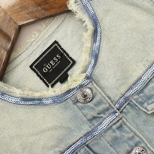 欧美单春秋款童装 女童纯棉圆领毛边带亮片牛仔外套 6F-5-3