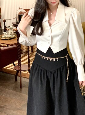 VASSE美蟹法式黑色高腰a字半身裙女2023新款小个子温柔气质长裙子