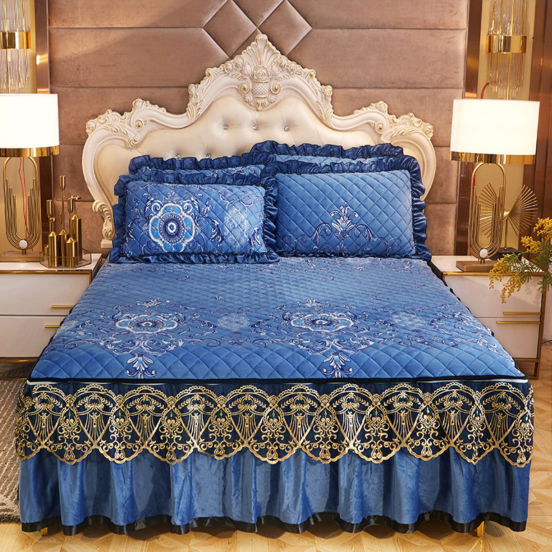 大红色结婚庆夹棉加厚水晶绒秋冬保暖床裙床罩床套1.8m2米三件套