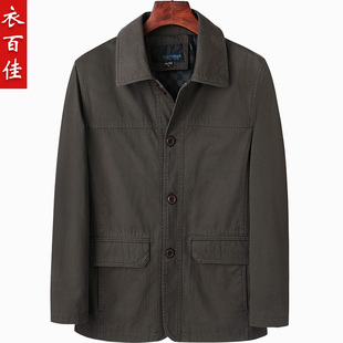 男士纯棉水洗夹克中年男全棉外套中老年翻领休闲扣版外套老爸上衣