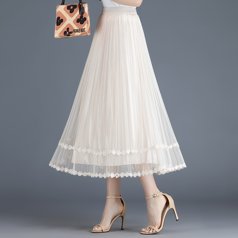 纱裙女半身春夏裙子2021年新款长裙高腰亮片网纱a字百褶裙中长款