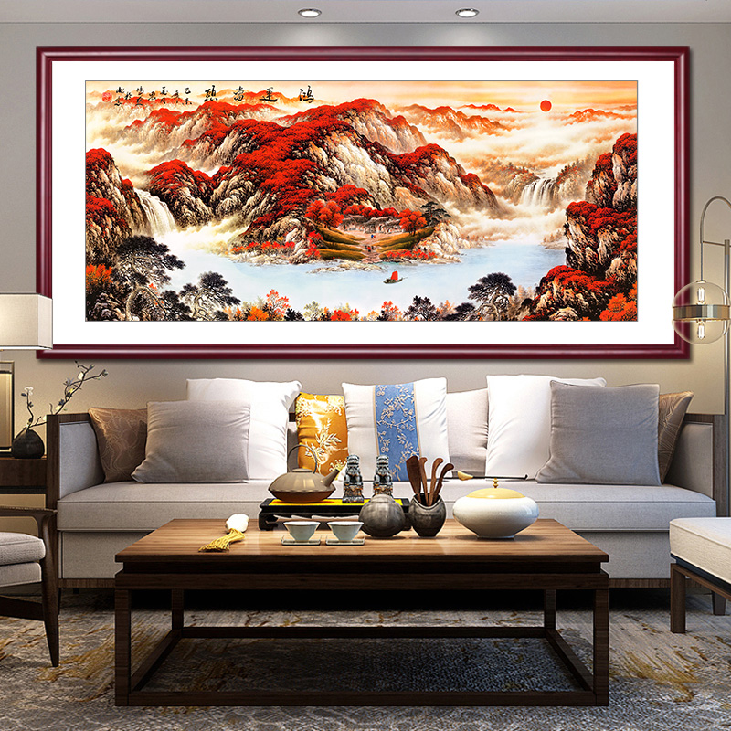 山水挂画客厅装饰壁画办公室招财国画鸿运当头聚宝盆牌匾带框装裱