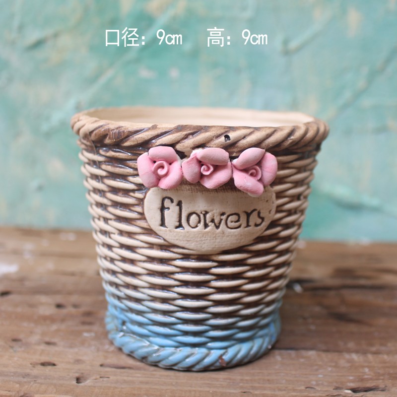 仿藤编草编柳编陶瓷花盆创意手提花篮多肉盆栽组合粗陶透气壁挂盆