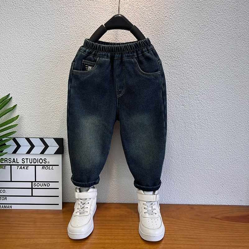 儿童加绒裤子秋冬男童一体绒牛仔裤弹力百搭宝宝冬装加厚直筒童裤