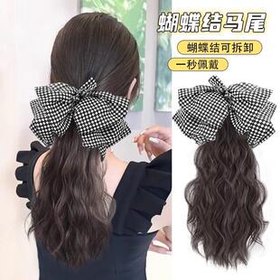 全真发蝴蝶结假发马尾女抓夹云朵卷低马尾长发真发扎发辫子卷发辫