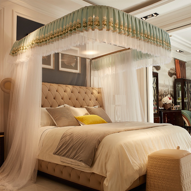 u型导轨蚊帐子家用1.8m1.5米2m床三开门轨道不锈钢支架宫廷公主风