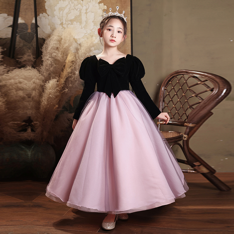 儿童礼服公主裙女童生日长袖小女孩花童主持人表演钢琴演出服秋冬