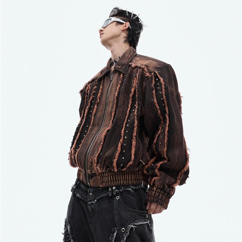 ArguE重磅小众复古做旧解构垫肩牛仔外套金属铆钉流苏设计感夹克,男装,牛仔外套,淘宝优惠券,粉丝福利购,淘宝优惠卷