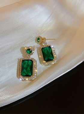 法式浪漫闪钻环边祖母绿方石吊坠耳环女雍容华贵复古精致项链