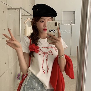 正肩上衣 蝴蝶结短袖 T恤女设计感小众2024新款 半袖 体恤灰黑色夏季