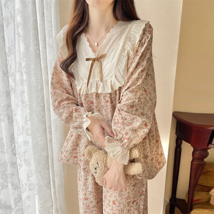 夏 睡衣女春秋季 长袖 纯棉法式 宫廷风甜美碎花可外穿套头家居服套装