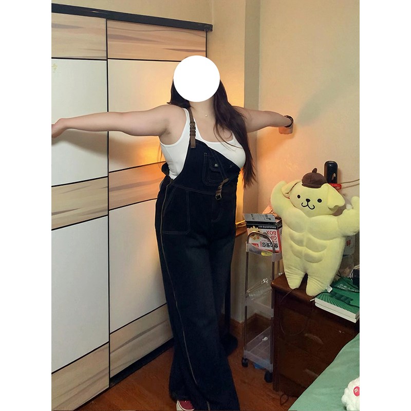 胖mm大码女装遮肚藏肉牛仔背带裤秋季宽松休闲裤子复古显瘦连体裤