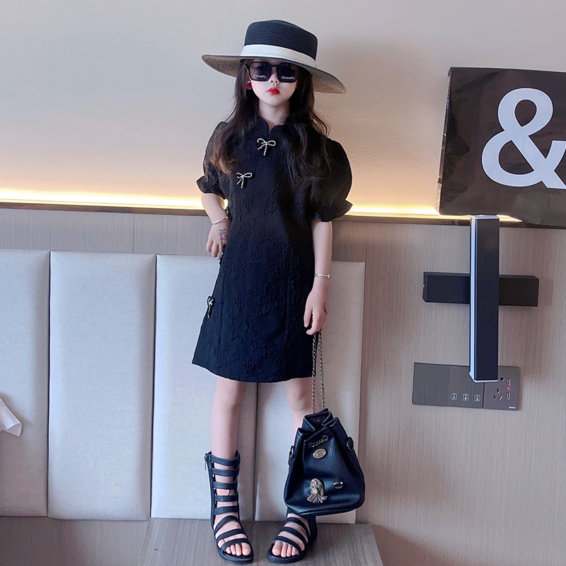 女童连衣裙夏装2022新款洋气盘扣短袖旗袍裙女大童中国风汉服裙子
