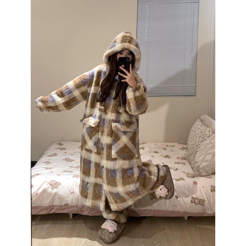 少女复古毛绒绒格子连帽珊瑚绒睡衣女冬季加厚睡袍长裤家居服套装