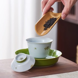 青灰釉陶瓷手绘功夫茶具家用办公室三才盖碗茶杯品茗杯送礼盒套装