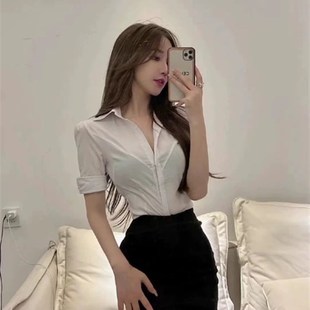 白衬衫 气质职业装 短袖 女夏季 修身 性感别致上衣搭配短裙jk制服套装