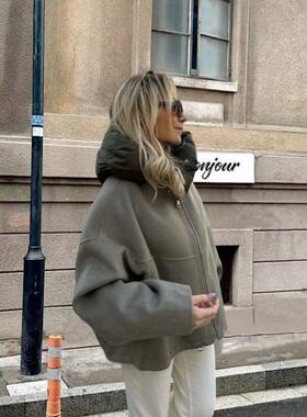 连帽外套女装短款小个子可拆卸呢子羊毛羊毛双面呢宽松上衣款拉链