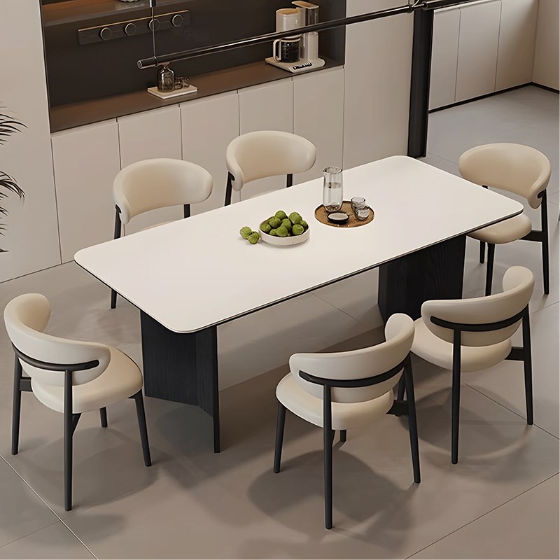 蓝色理想复古侘寂风实木岩板餐桌椅家用小户型现代简约长方形饭桌