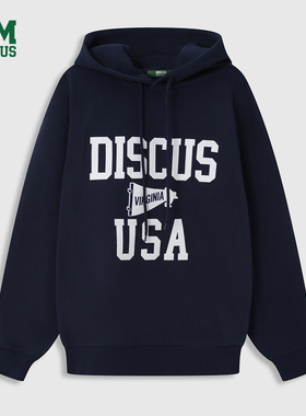 DISCUS 2025冬季情侣款连帽卫衣复古字母贴布印花宽松连帽衫卫衣