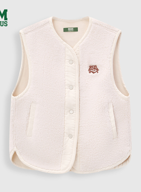 DISCUS 2025冬季新款女款背心马夹仿羊羔绒拼接刺绣保暖马夹外套