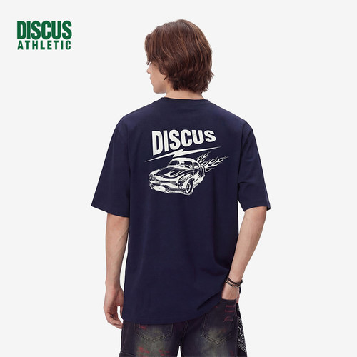 DISCUS美式复古机车印花设计短袖t恤男女同款高级感宽松圆领上衣