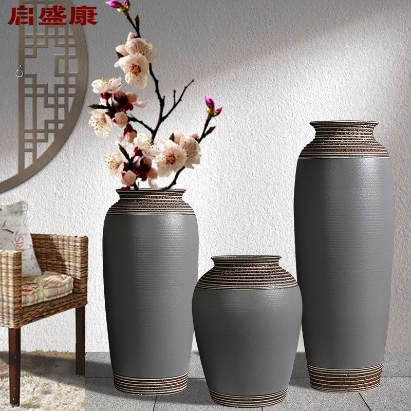 灰色大花瓶落地花器庭院花瓶玄关花瓶酒店花瓶客厅软装复古宽口瓶