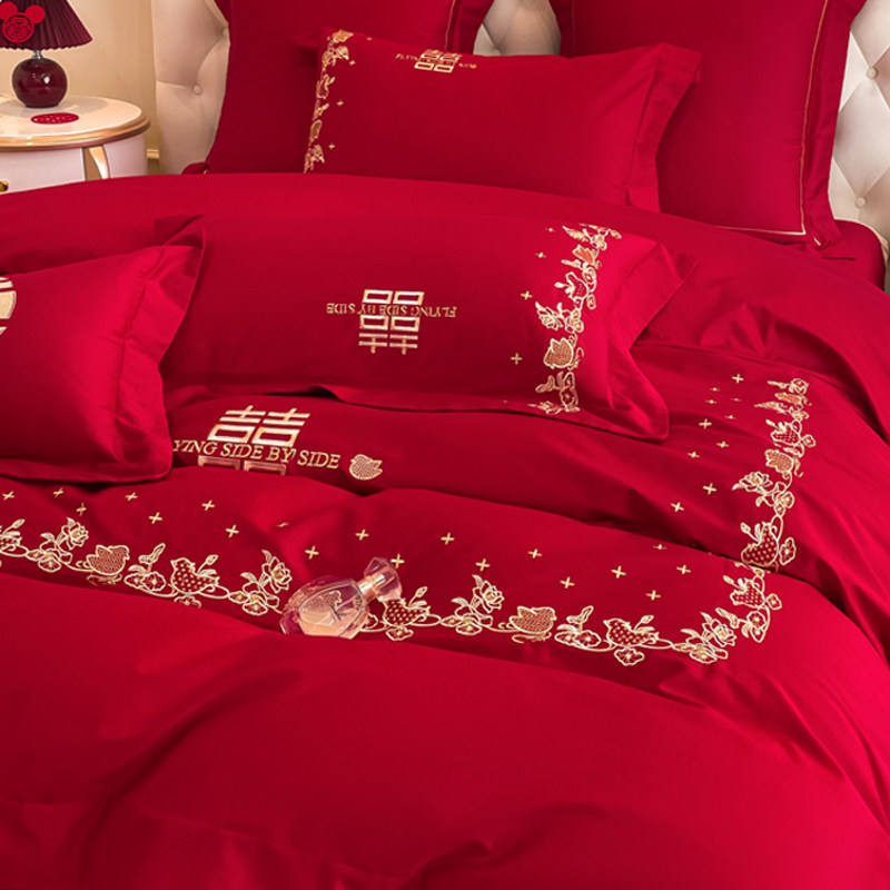 100支简约长绒棉纯棉四件套全棉新婚嫁婚庆红色结婚床上用品床笠4