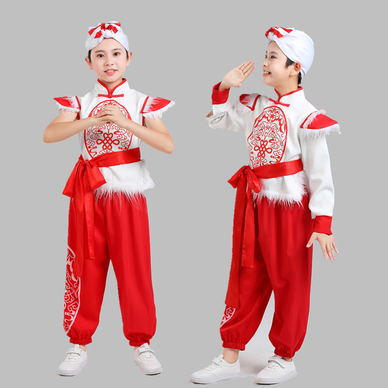 新款儿童安塞腰鼓服红色陕北民族服装男女西北民歌学生阿宝演出服