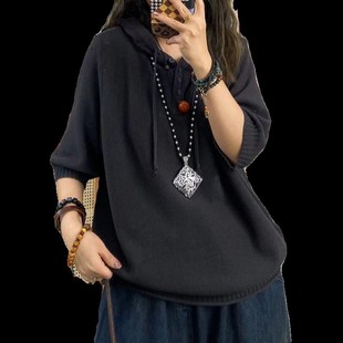 女文艺休闲五分袖 连帽中袖 针织衫 宽松纯色 打底衫 春夏季 欣欣 新款