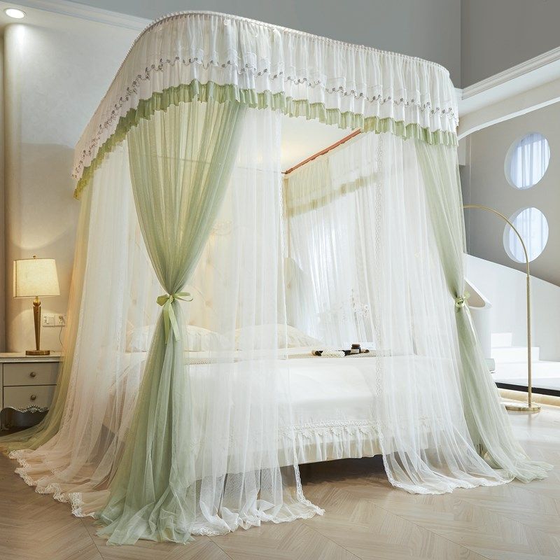 新款U型轨道滑轮导轨蚊帐双层纱加密公主风宫廷落地家用卧室床幔