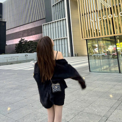 黑色水貂绒毛衣开衫中长版女2023秋冬新款慵懒风宽松V领针织外套