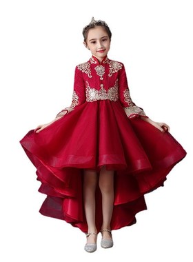 女童礼服高端新中式国风红色公主裙中式花童裙古筝琵琶燕尾演出服