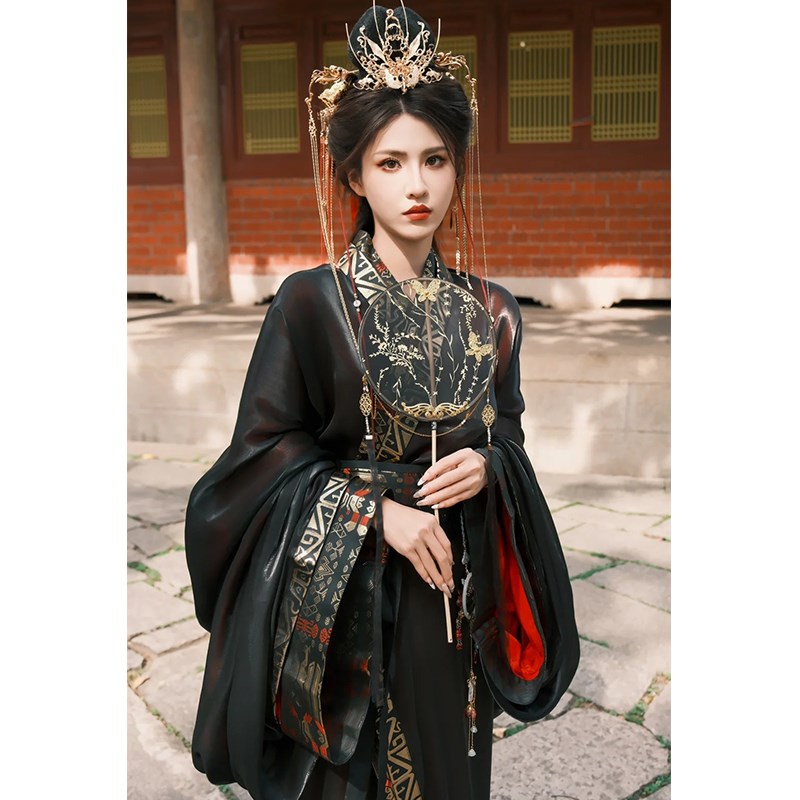 战国袍汉服女2024年秋季新款黑色广袖古装仙侠古风舞蹈演出服套装
