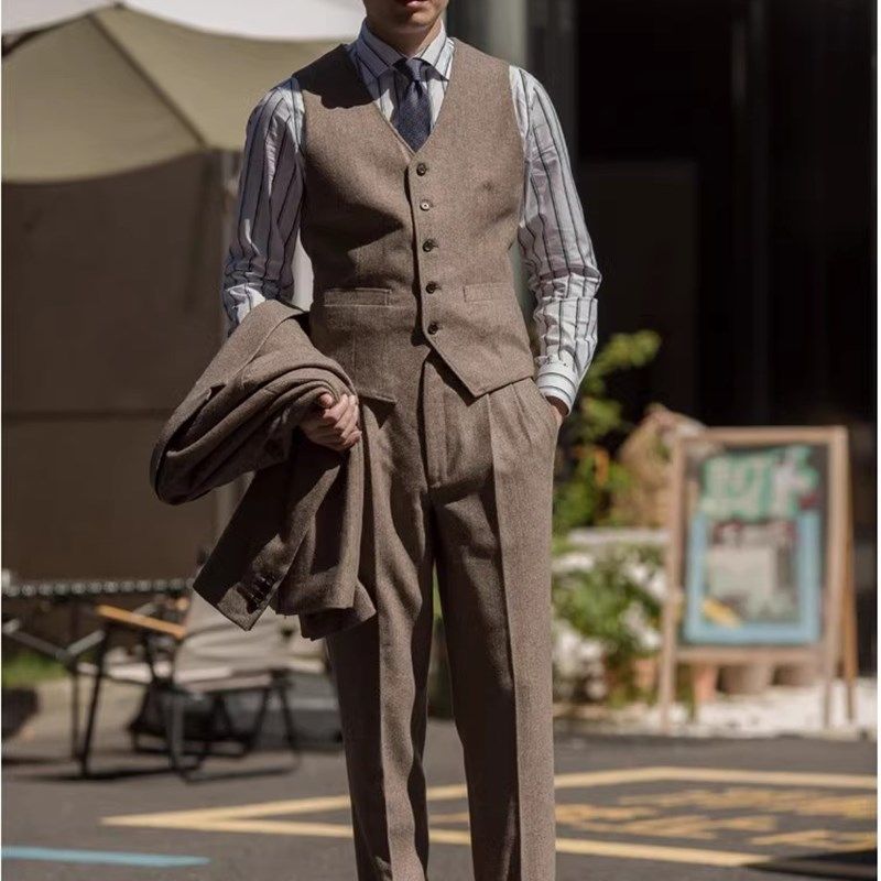 秋冬男英伦复古咔叽休闲马夹人字纹修身商务绅士毛呢西装背心美式,男装,常规马甲,淘宝优惠券,粉丝福利购,淘宝优惠卷