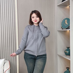 外套 秋冬连帽毛衣女2023新款 大码 女装 胖mm宽松显瘦双拉链针织开衫