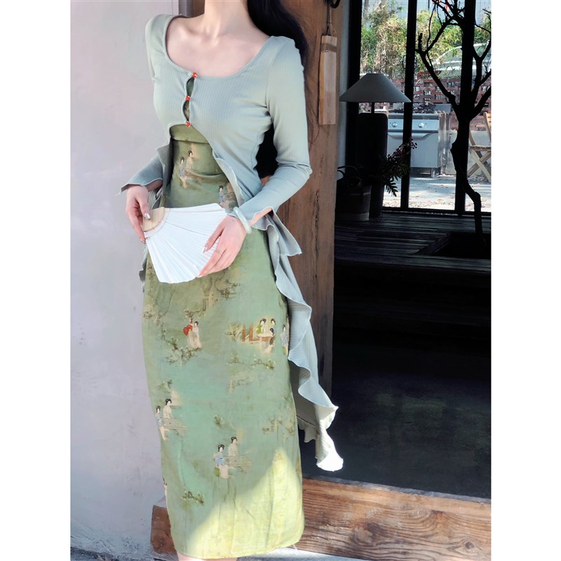 橘里CHIU江南烟雨复古长裙清冷绿色改良国风旗袍裙连衣裙两件套女