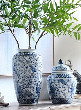 喜上眉梢景德镇陶瓷花新中式青花瓷客厅装饰插花瓷器复古摆件