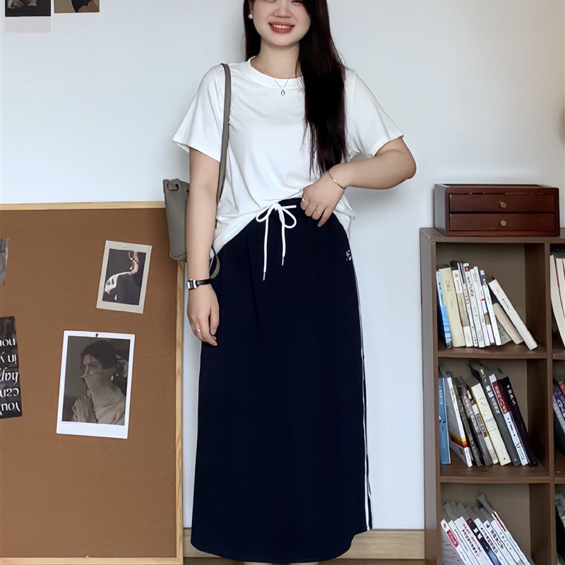 微胖的喵喵 大码夏季休闲显瘦短袖t恤高腰半身裙子大码套装女9929