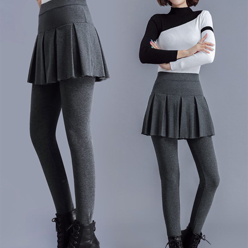 加绒加厚裙摆假两件秋冬季新款打底裤女外穿百褶大码紧身显瘦高腰