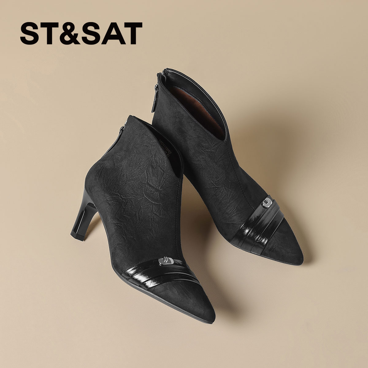 星期六羊皮尖头高跟短靴女士新款单靴设计金属绒面细跟弹力瘦瘦靴
