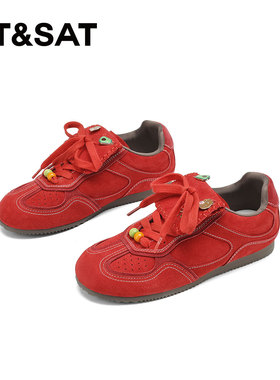 星期六红色德训鞋女士透气厚底内增高复古休闲鞋阿甘鞋新款运动鞋