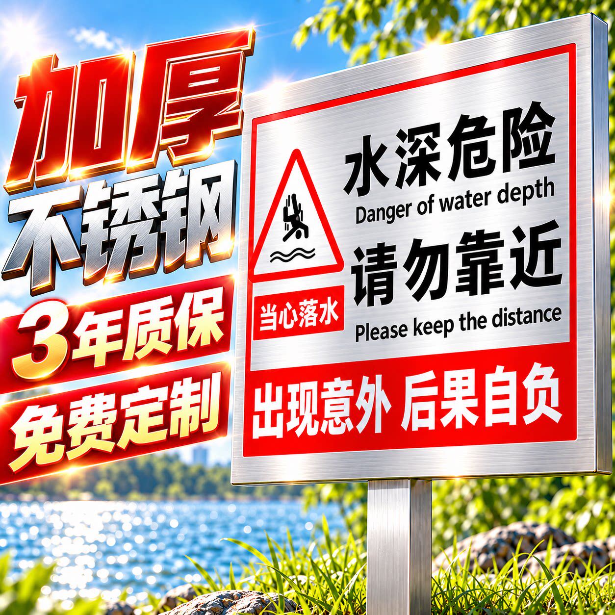 不锈钢水深危险警示牌鱼塘警示牌