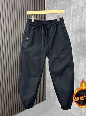 秋冬款户外简约加绒束脚裤男潮牌小脚裤新款宽松哈伦裤黑色休闲裤