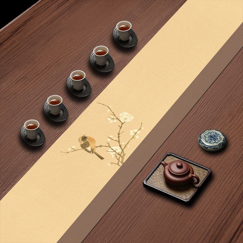 复古鸟画桌旗新茶桌装饰布防水餐桌布棉麻茶台垫布