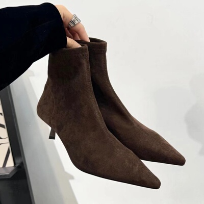 TLE MIKELIN复古洋气美拉德法式尖头细中跟弹力瘦瘦绒面骑士短靴