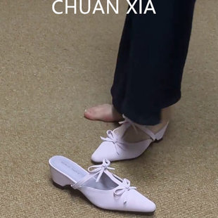 羊皮版~优雅紫色蝴蝶结单鞋女温柔晚晚风尖头凉拖鞋法式粗跟凉鞋