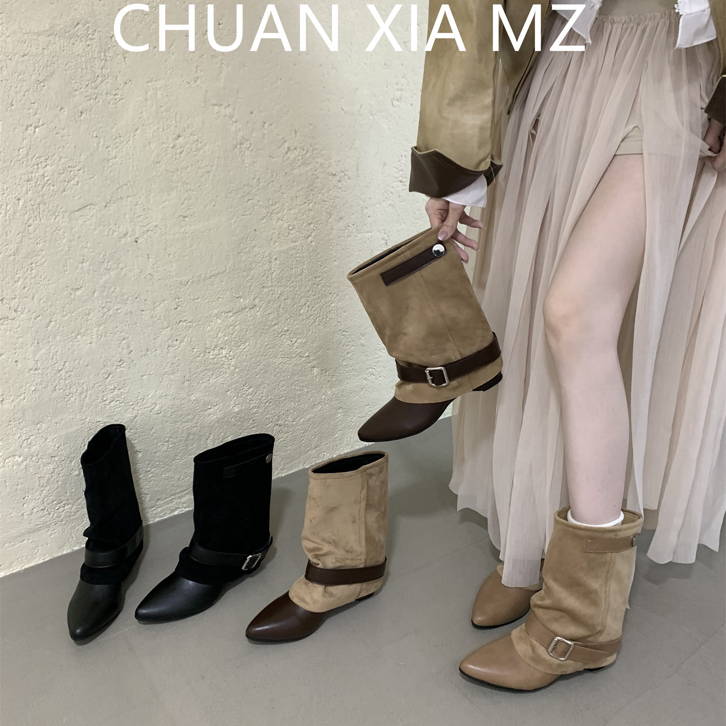 羊皮版~低跟后拉链短筒时