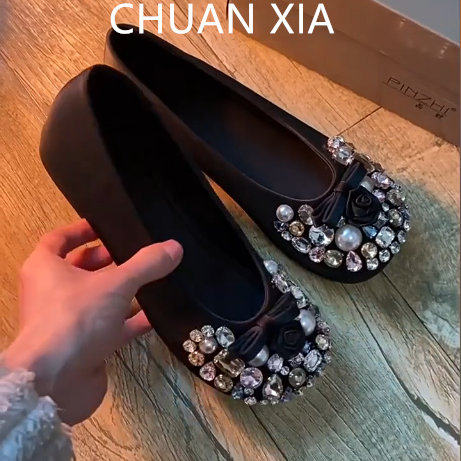 羊皮版~轻奢水钻圆头平底单鞋女法式蝴蝶结奶奶鞋浅口软底晚晚鞋