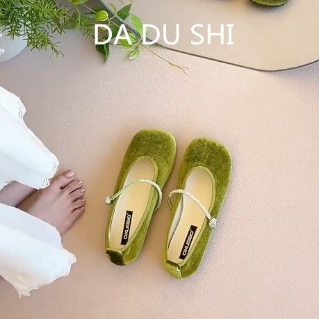 羊皮版~法式水钻一字带晚晚鞋女绒面平底浅口单鞋通勤方头奶奶鞋,女鞋,浅口单鞋,淘宝优惠券,粉丝福利购,淘宝优惠卷