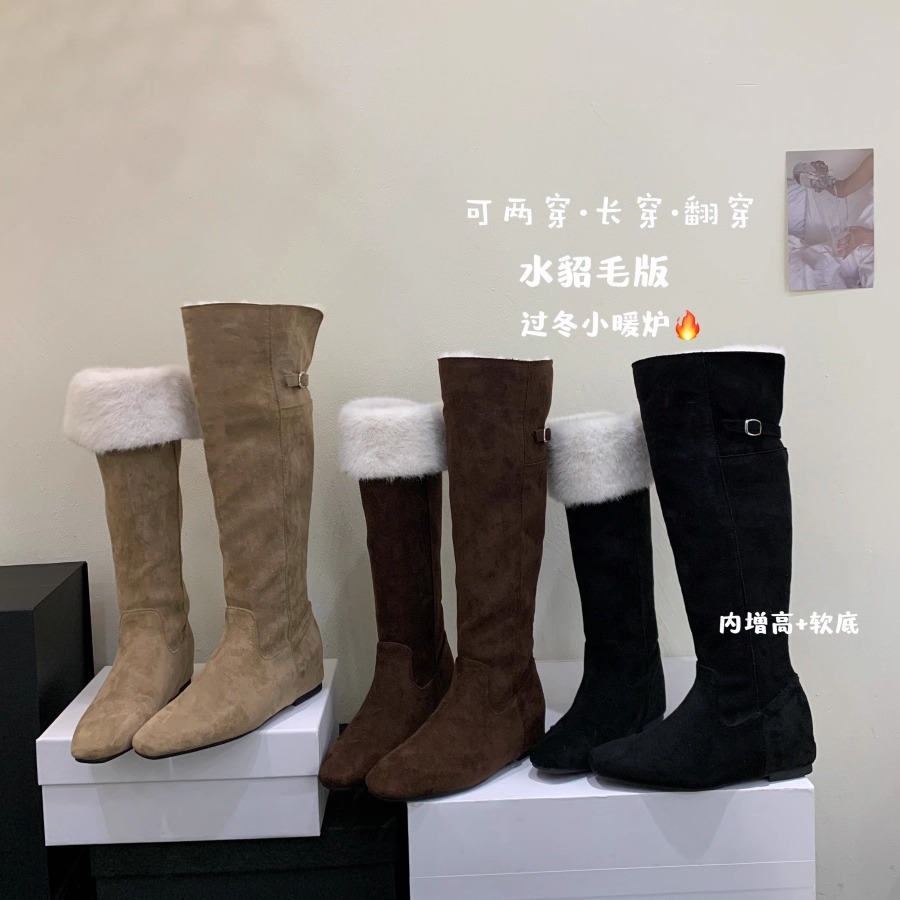韩版方头绒面可翻折两穿骑士靴女2025年新款冬季百搭舒适过膝